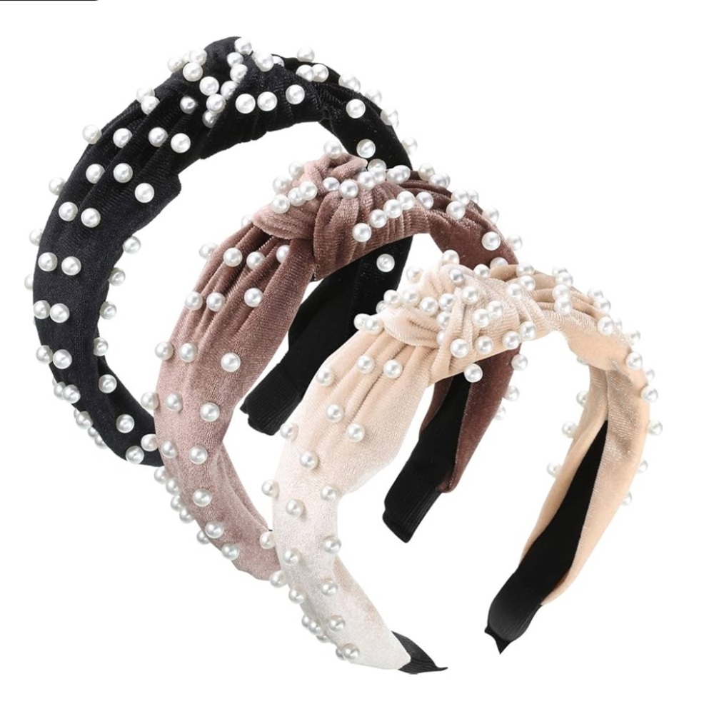 Velvet Pearl Embellished Headband Set - Black, Brown, Cream